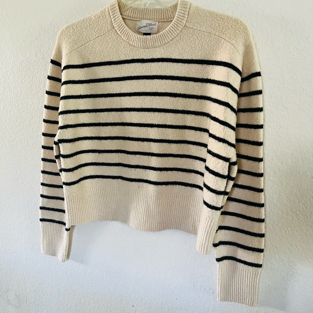 Universal Thread Cream and Black Striped Crewneck Sweater